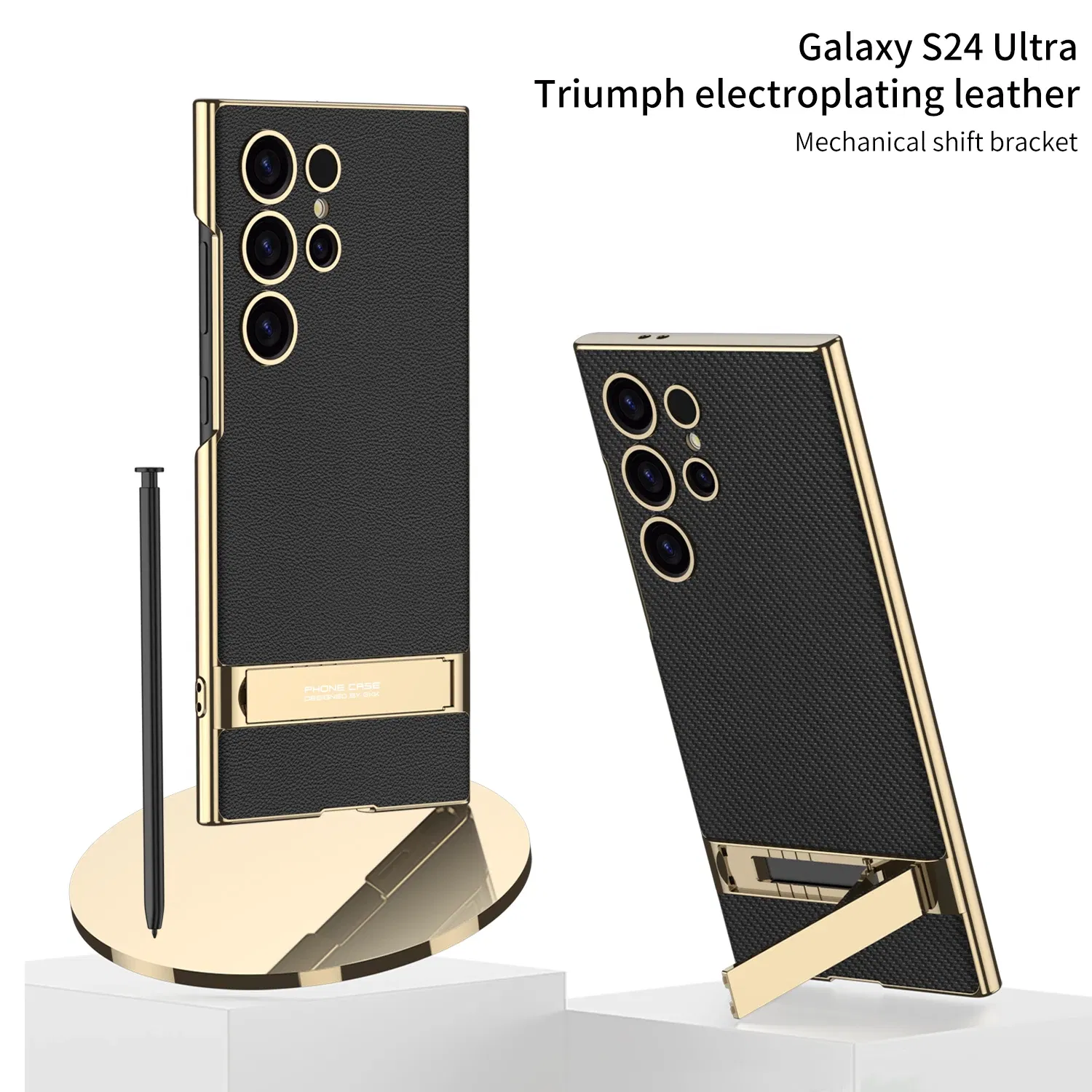 Color: Beige, Bundle: Case & Strap, Material: Canvas - For Samsung Galaxy S24 Ultra Plus Case Luxury Electroplated Gold Border Plain Leather Bracket Shockproof Back Cover Accessories