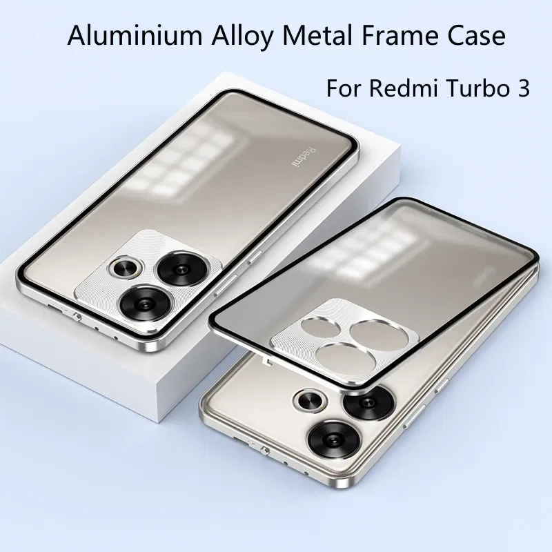 Color: Silver, Material: Aluminum - Aluminium Alloy Metal Frame Case For Poco F6 Case Matte transparent Acrylic Back Cover For Xiaomi POCO F6 5G Redmi Turbo3 Bumper