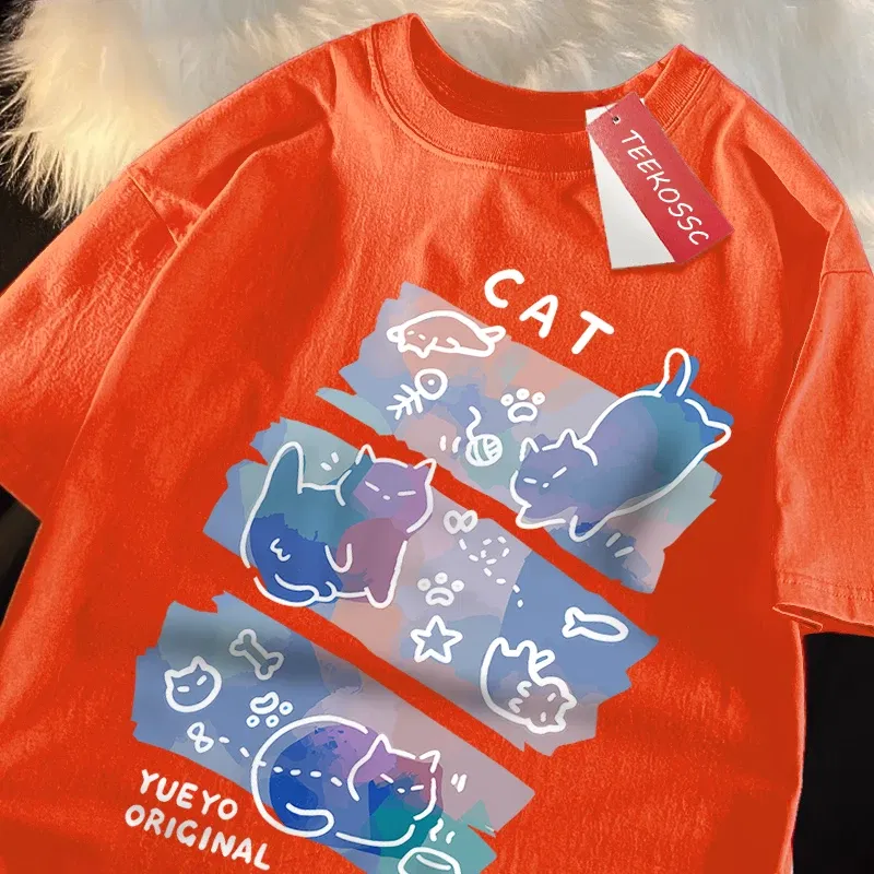 Color: GRAY, Size: L - Fun Mischievous Cat Print Japanese Style T-Shirts Men Women Fashion Tshirs Breathable Summer T-Shirts Cotton Loose Tee Clothes