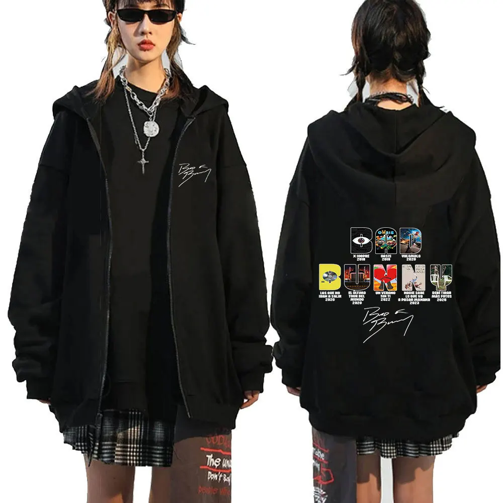 Color: black, Size: M - Rapper Bad Bunny Music Album Cover Print Zipper Hoodies Men Women Clothing Hip Hop Zip Up Sweatshirts Long Sleeve Hoodie Jackets