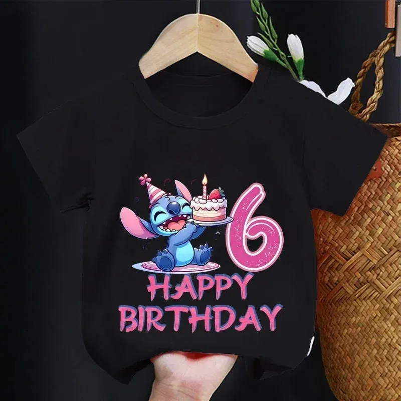 Color: Khaki, Kid Size: 3M - Lilo Stitch Children T-shirt Birthday 3-10 Years Boy Girl Clothing Summer Cartoon Print Tshirt Short Sleeve Cotton Top Baby Tee