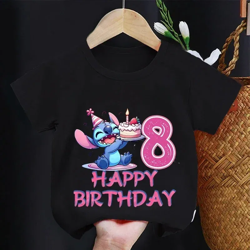Color: Khaki, Kid Size: 3M - Lilo Stitch Children T-shirt Birthday 3-10 Years Boy Girl Clothing Summer Cartoon Print Tshirt Short Sleeve Cotton Top Baby Tee