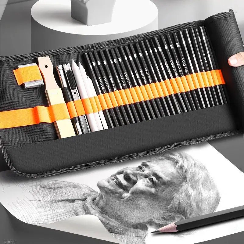 Color: Red - 27/38/47pcs Sketch Pencils Set Roll Up Canvas Wrap Sketching Pencil Bag Art Drawing Supplies Charcoals Kneaded Eraser