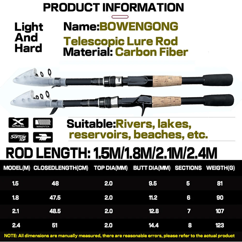 length: 1.5m, Color: Red - Telescopic Lure Rod 1.5M 1.8M 2.1M 2.4M Carbon Spinning Rod Baitcasting Fishing Pole 8g-25g Wooden Handle Casting Fishing Tackle