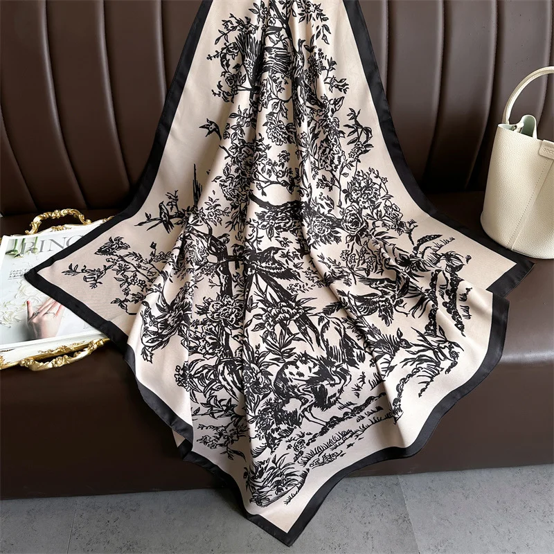 Color: black, Size: One Size, Ships From: CHINA - Ink Painting Silk Scarf 90cm Twill Scarves Large Square Sunscreen Shawl Headscarf for Women Hijab Luxury Bufanda Foulard