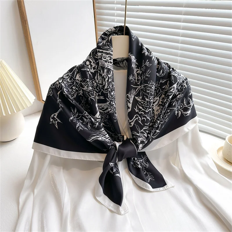 Color: black, Size: One Size, Ships From: CHINA - Ink Painting Silk Scarf 90cm Twill Scarves Large Square Sunscreen Shawl Headscarf for Women Hijab Luxury Bufanda Foulard