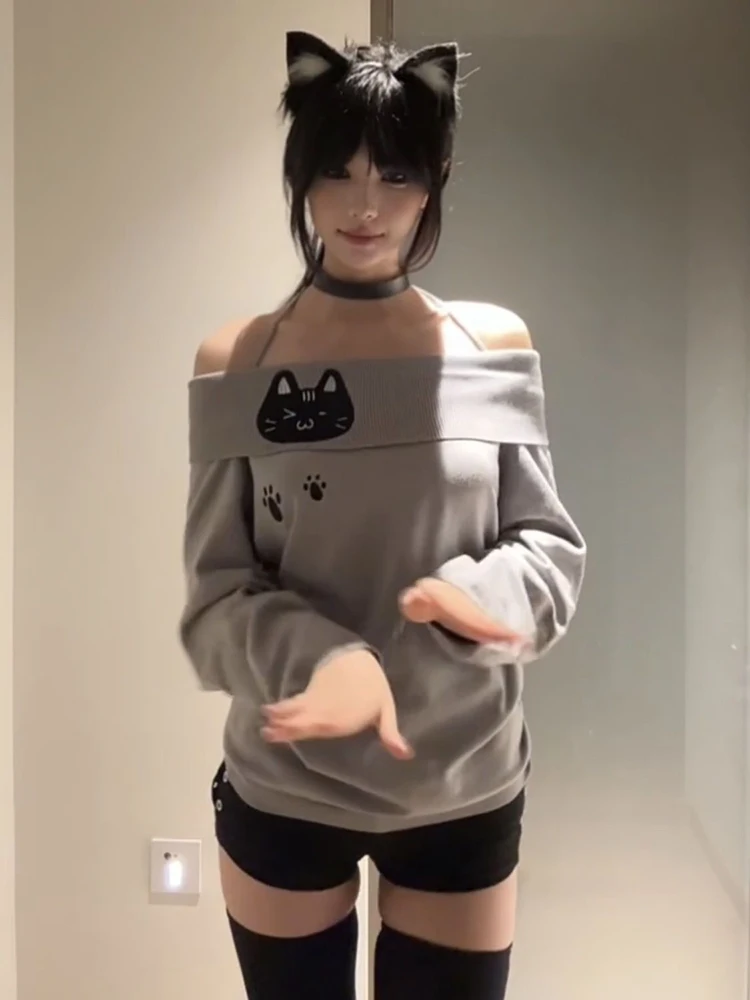 Color: GRAY, Size: M - Cute Embroidery Off The Shoulder T Shirt Women Kawaii Cat Long Sleeve Basic Blouse Tight Basic Crop Top Strapless Gray Tees