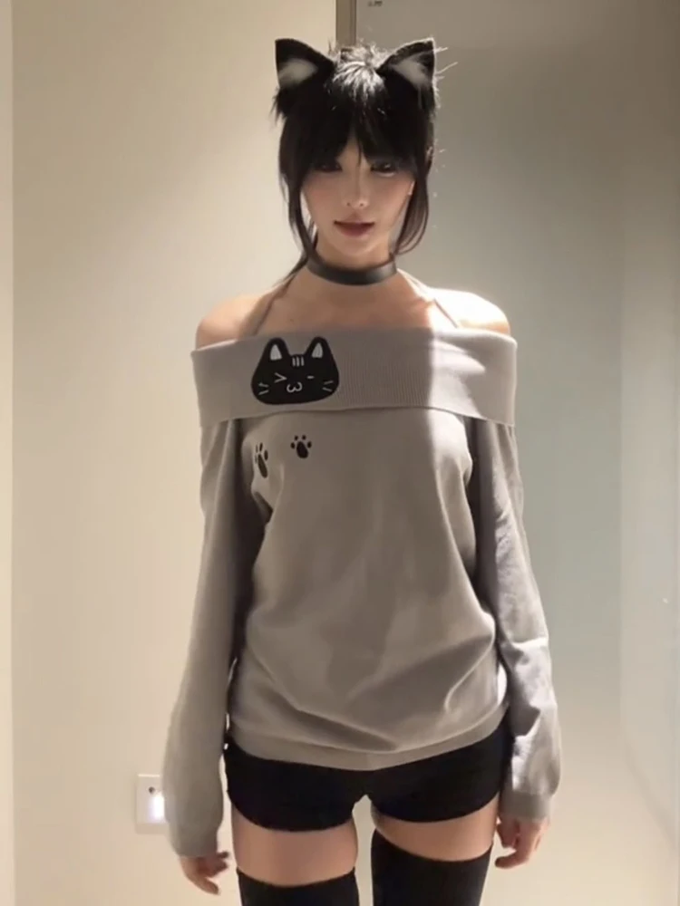 Color: GRAY, Size: M - Cute Embroidery Off The Shoulder T Shirt Women Kawaii Cat Long Sleeve Basic Blouse Tight Basic Crop Top Strapless Gray Tees