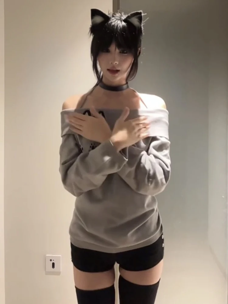 Color: GRAY, Size: M - Cute Embroidery Off The Shoulder T Shirt Women Kawaii Cat Long Sleeve Basic Blouse Tight Basic Crop Top Strapless Gray Tees