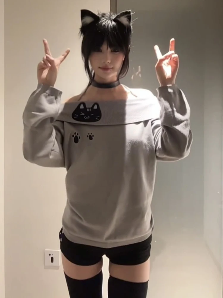 Color: GRAY, Size: M - Cute Embroidery Off The Shoulder T Shirt Women Kawaii Cat Long Sleeve Basic Blouse Tight Basic Crop Top Strapless Gray Tees