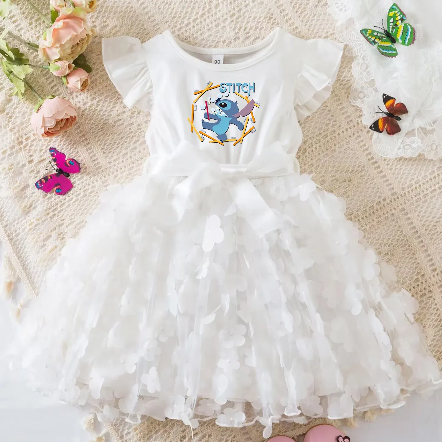 Color: Champagne, Size: XS - 3D Butterfly Cute Lilo Stitch Summer Dress for Kid's Casual Clothes Baby Girls Beautiful Princess Dress Party Dresses 2-6 Yrs