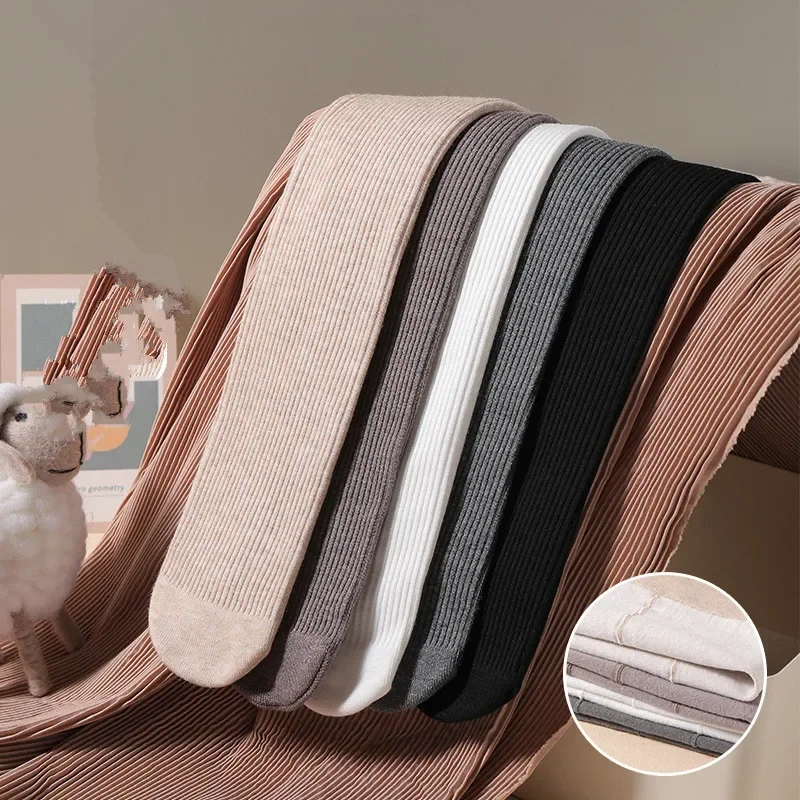 Color: WHITE, Size: XXS - Autumn Winter New Thin Plush Vertical Stripe Solid Color Girls' Pantyhose With Plush Warm Children's Bottom Socks and Panties