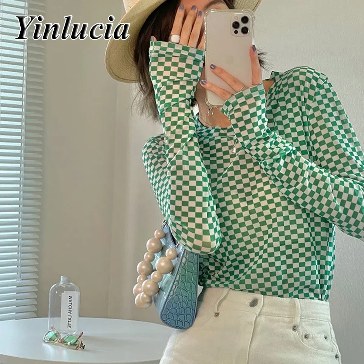 Color: black, Size: L, Ships From: CN - Checkerboard Tee Elastic Slim Tops Women Blouses Sexy Mesh Ice Silk Thin Base Shirt Blouse Hot Babes Pullover Y2K Street Wear