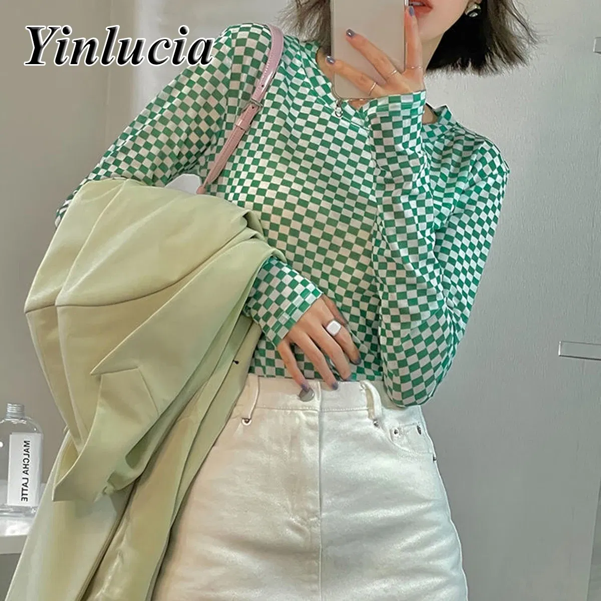 Color: black, Size: L, Ships From: CN - Checkerboard Tee Elastic Slim Tops Women Blouses Sexy Mesh Ice Silk Thin Base Shirt Blouse Hot Babes Pullover Y2K Street Wear