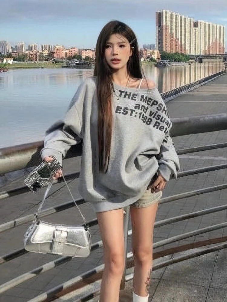 Color: Beige, Size: XS - Y2k Sexy Oversize T shirt Women Streetwear Print Long sleeve Basic Top Lady Fall Winter Korean Fashion Oversized Tees Shirt