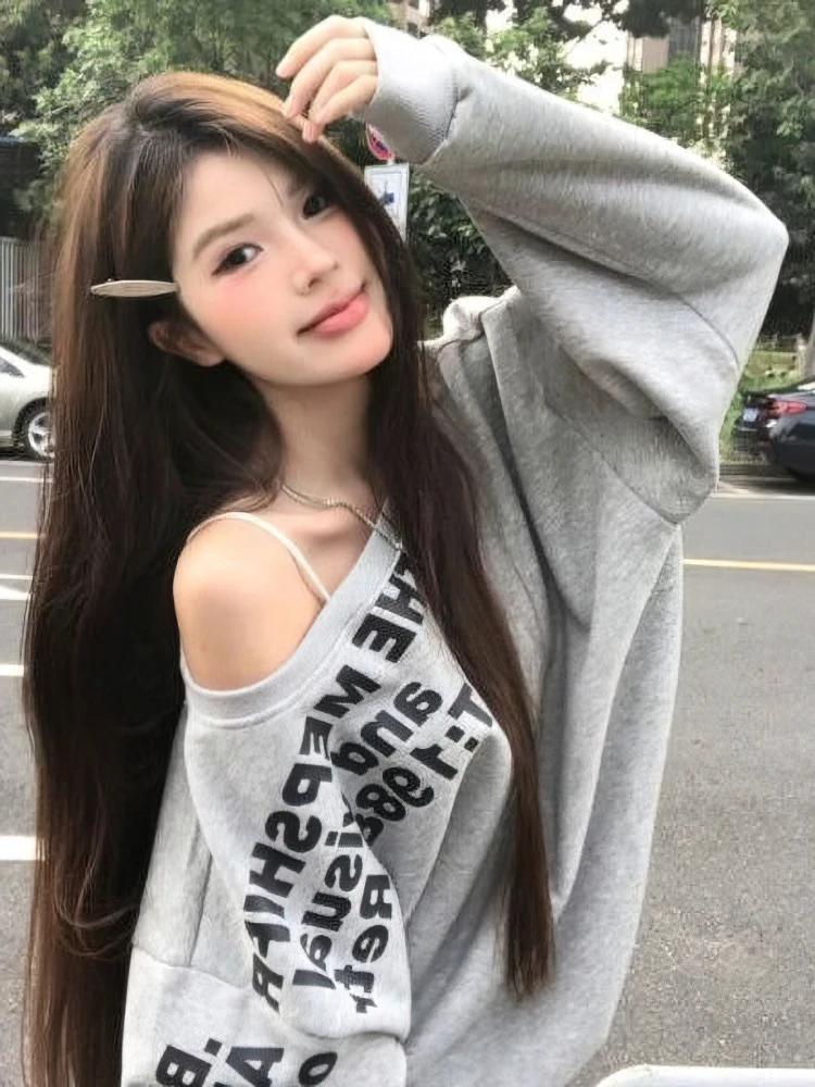 Color: Beige, Size: XS - Y2k Sexy Oversize T shirt Women Streetwear Print Long sleeve Basic Top Lady Fall Winter Korean Fashion Oversized Tees Shirt