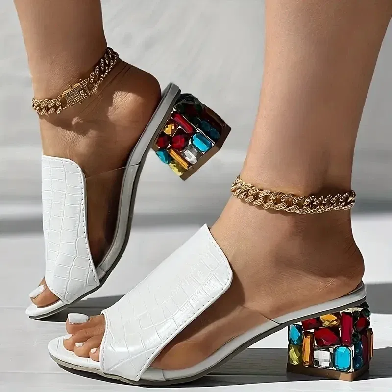 Color: WHITE, Shoe Size: 41 - Women Crystal Sandals 2024 New Spring Summer Open Toe Sandals Square Heels Beach Fashion Sandals Women Sandalias De Mujer