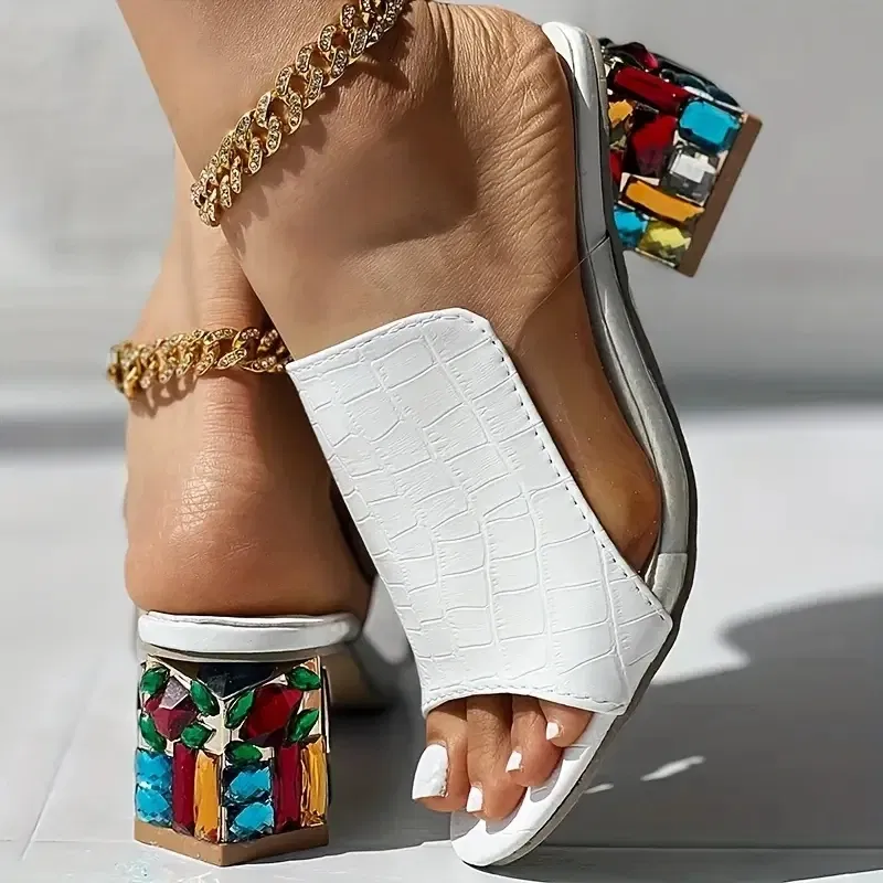 Color: WHITE, Shoe Size: 43 - Women Crystal Sandals 2024 New Spring Summer Open Toe Sandals Square Heels Beach Fashion Sandals Women Sandalias De Mujer