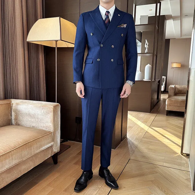 Color: Beige, Size: XXL - 2025 Men's Double Breasted 3/2 Piece Business Casual Wedding Dress Suit with Trousers Regular Fit Bridegroom High Sense
