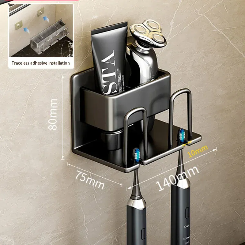 Color: DARK GRAY - Toothbrush Holder Wall Mounted Toothpaste Dispenser Aluminium Electric Hair Brushes Storage Bathroom Accessories House Organizer