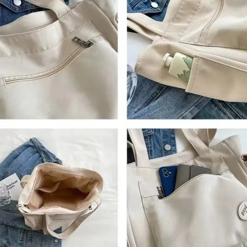 Color: Beige - Women's Fashion Shoulder Bag Class Large Capacity Student Tote Bag New Canvas Commuter Handbag Carrying Bags cabas eco bag