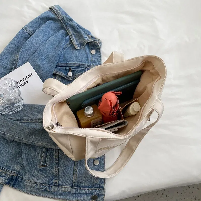 Color: Beige - Women's Fashion Shoulder Bag Class Large Capacity Student Tote Bag New Canvas Commuter Handbag Carrying Bags cabas eco bag