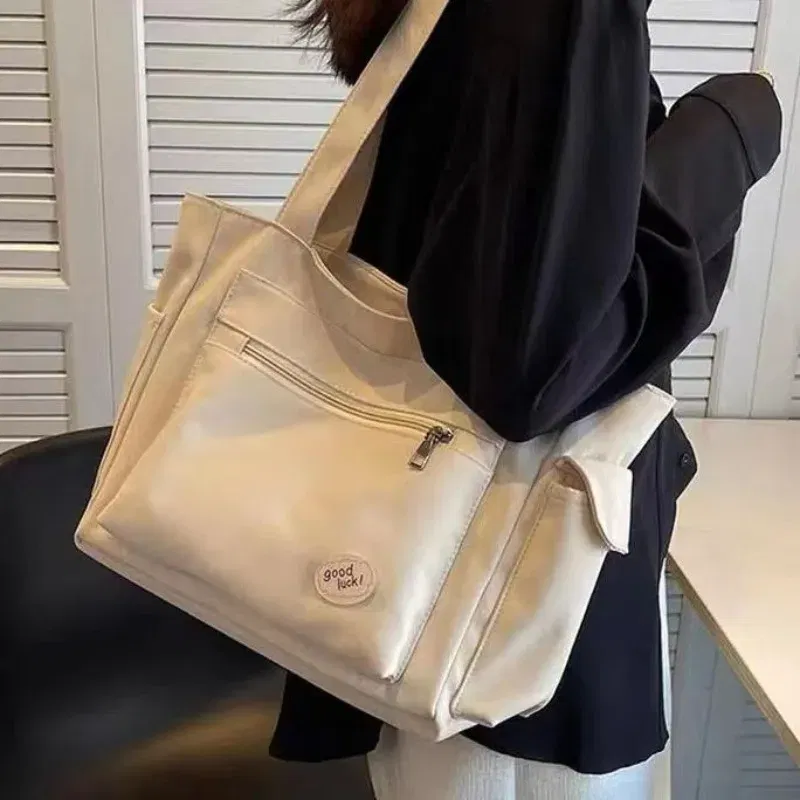 Color: Beige - Women's Fashion Shoulder Bag Class Large Capacity Student Tote Bag New Canvas Commuter Handbag Carrying Bags cabas eco bag
