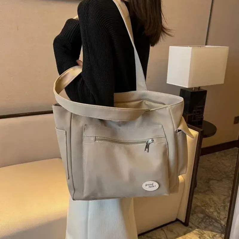 Color: Beige - Women's Fashion Shoulder Bag Class Large Capacity Student Tote Bag New Canvas Commuter Handbag Carrying Bags cabas eco bag