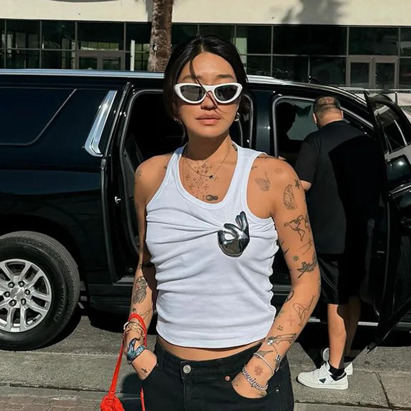 Color: Beige, Size: L - Women's Personalized Fashion Personalized Shrink Tank Top Sexy Solid Color OK Pattern Tank Top