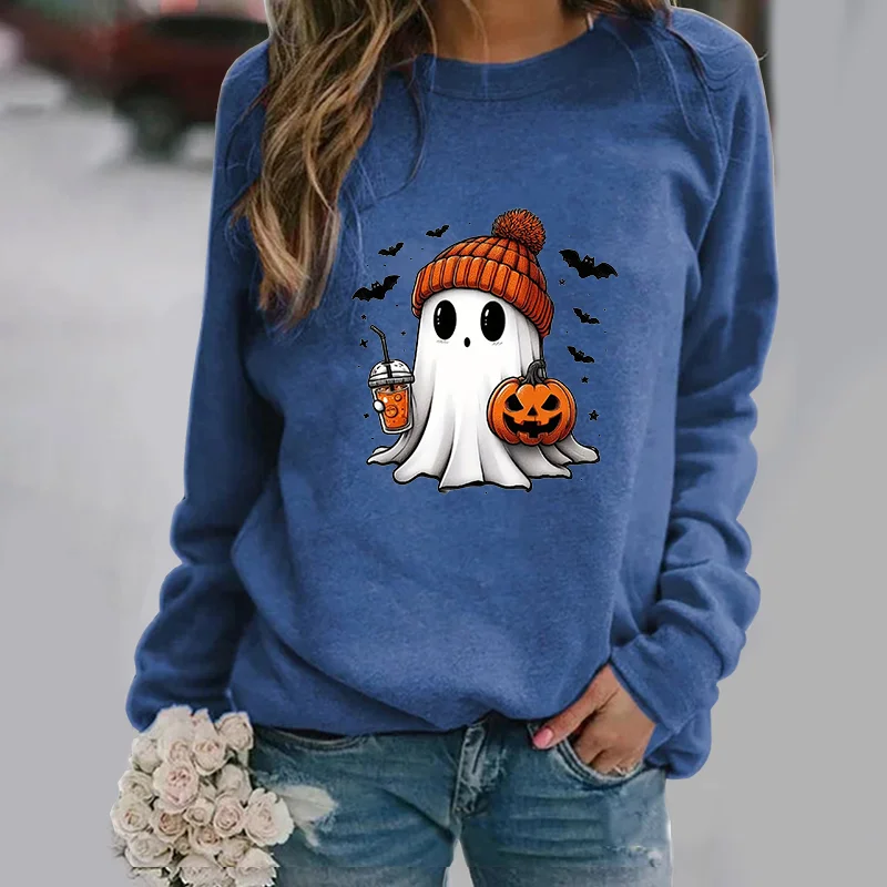 Color: Blue, Size: L - Cute Ghost Pattern Sweater Women's Casual Halloween Ghost Harajuku Pullover Fall Women's Tops