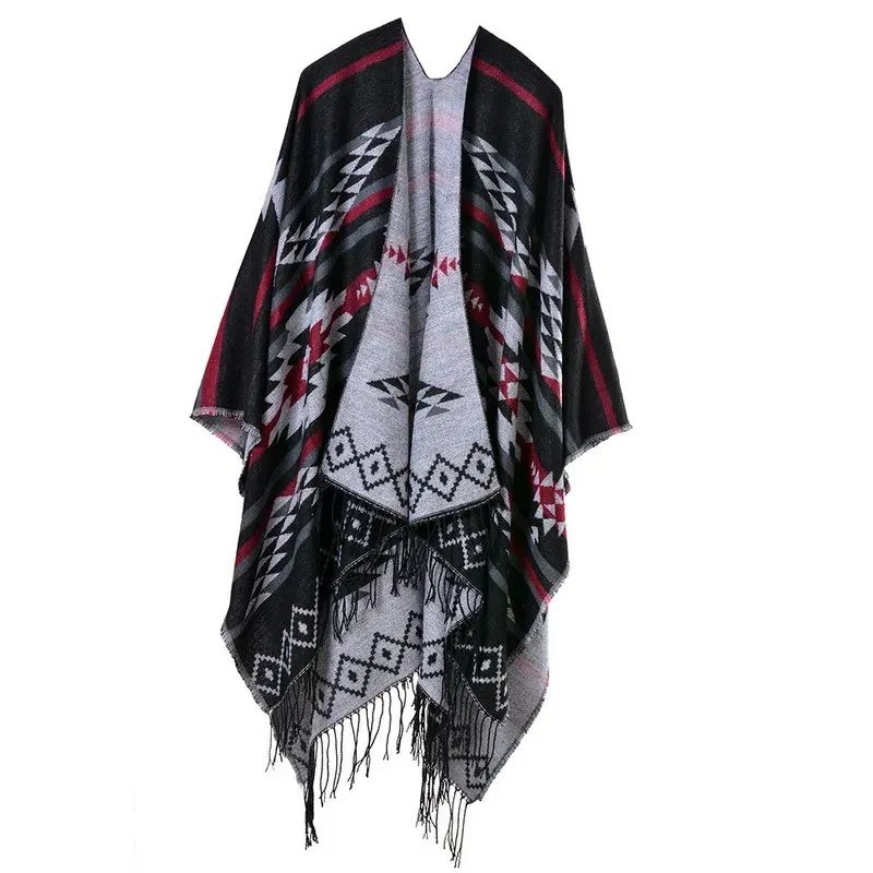 Color: MULTI, Size: One Size - European American Popular Tassel Thickened Cashmere Like National Style Travel Fork Shawl Scarf in autumn Ponchos Capes P9