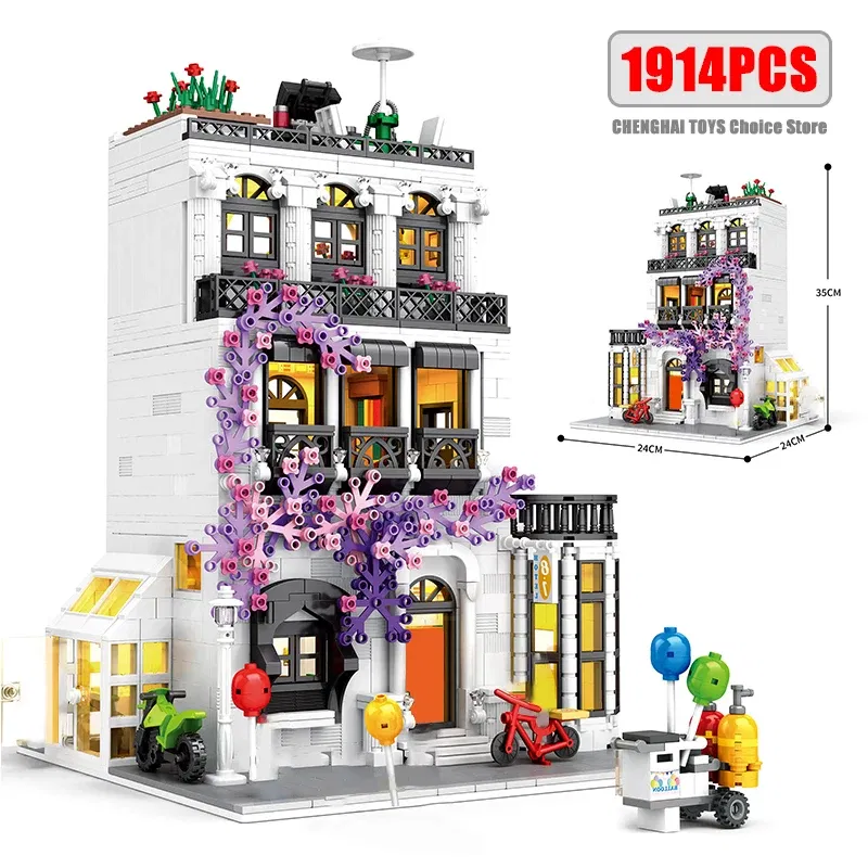 Color: Light Grey - MOC Creative European Architecture Building Blocks Garden Hotel Flower Street Villa Street View Bricks Ideas Toy For Friend Gift