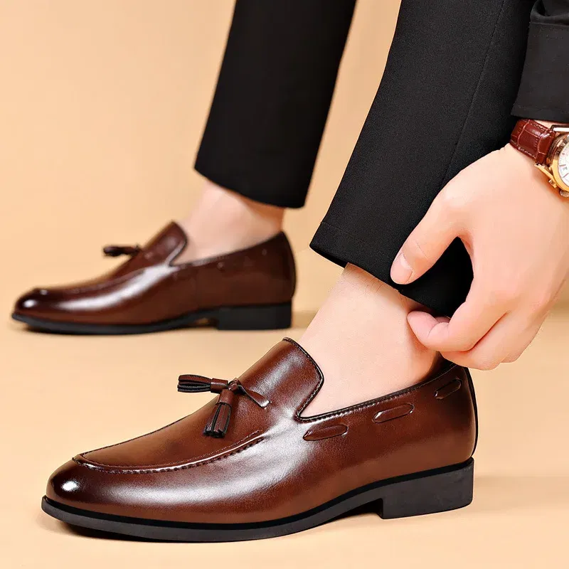 Color: Beige, Shoe Size: 48 - Mens Dress Shoes Designer 2024 New Business Shoes Slip on Men Leather Shoes Pointed Toe Business Casual Man Zapatos Para Hombres