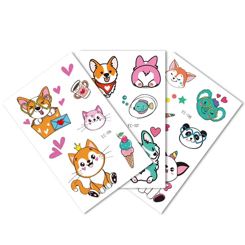 Color: Yellow - Cartoon Animal Waterproof Temporary Tattoo Cute Pet Cats and Dogs Tattoo Stickers Children Boy Girl Fake Body Art Flash Tatoo