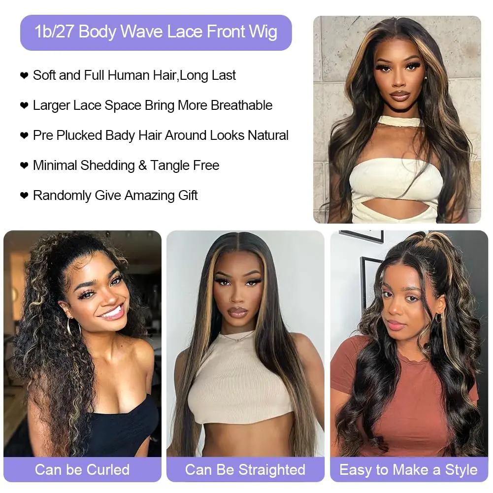 Hair Color: #6, Stretched Length: 26inches, Density: 180% - Highlight Blonde #1B/27 13X4 Lace Front Wigs Boday Wave Human Hair Transparent Lace Frontal Wigs Pre Plucked For Salon Quality