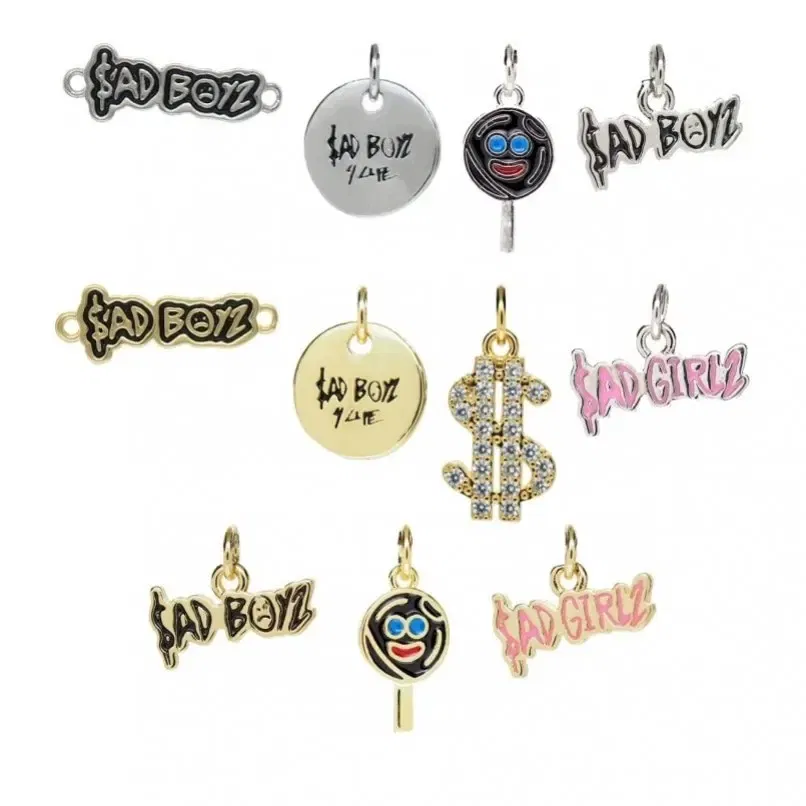 Metal color: Platinum Plated - 10Pcs Letter Sadboyz or Sadgirls Black Enamel  Copper Gold Color Pendant Charms for Jewelry Making