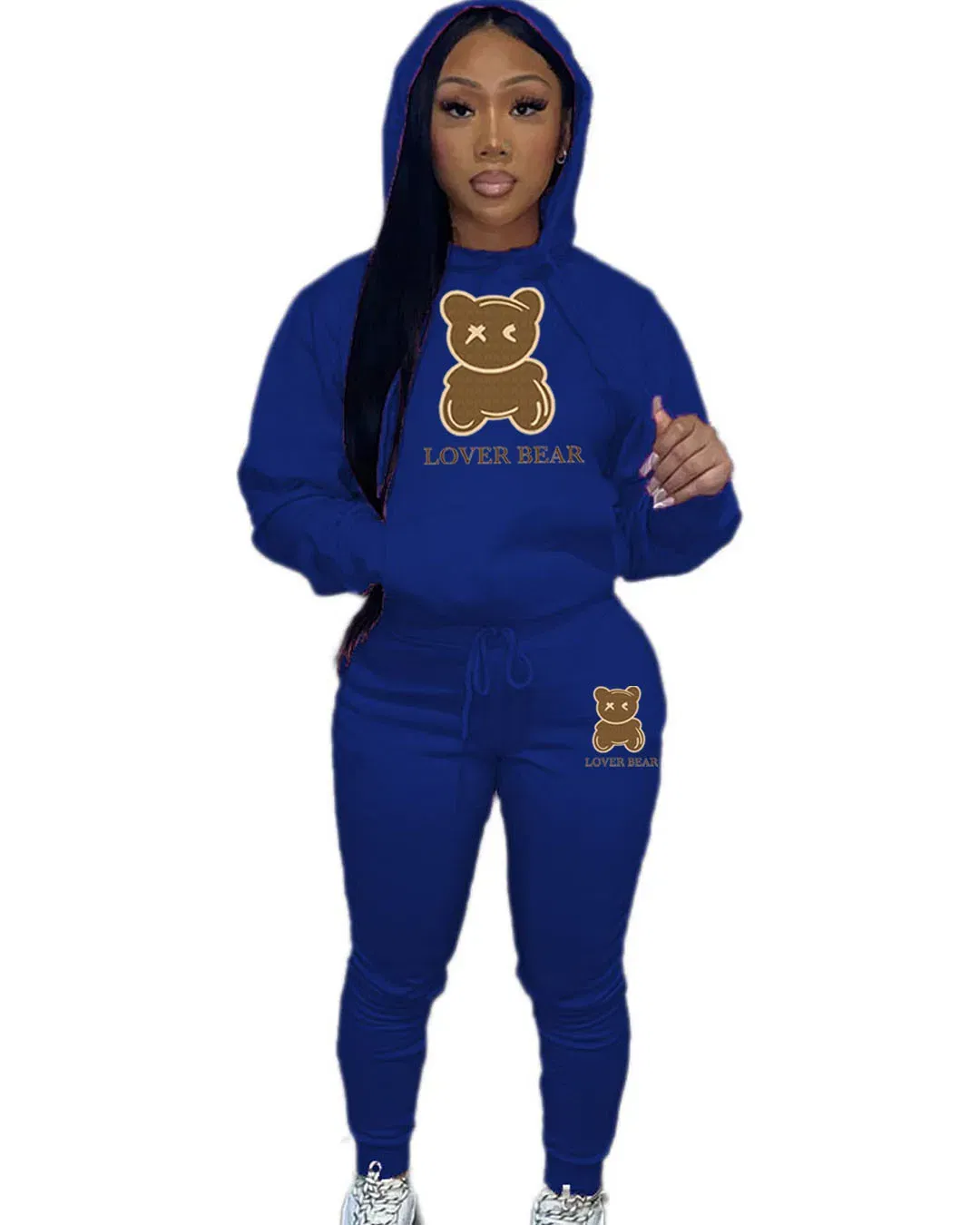 Color: Blue, Size: M - 2 Piece Set Women Outfit Letter Bear Print Hooded Neck Hoodies Sweatshirt Pants Tracksuit 2024 Plus Size Streetwear Casual Suit
