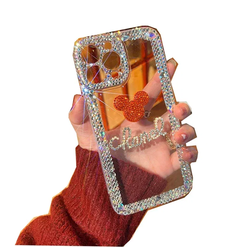 Color: black, Material: leather - Bling Glitter 3D cute cartoon Diamond soft silicon phone case For iphone 15 14 13 12 11 Pro Max 7 8 Plus X XS XR MAX Clear Cover
