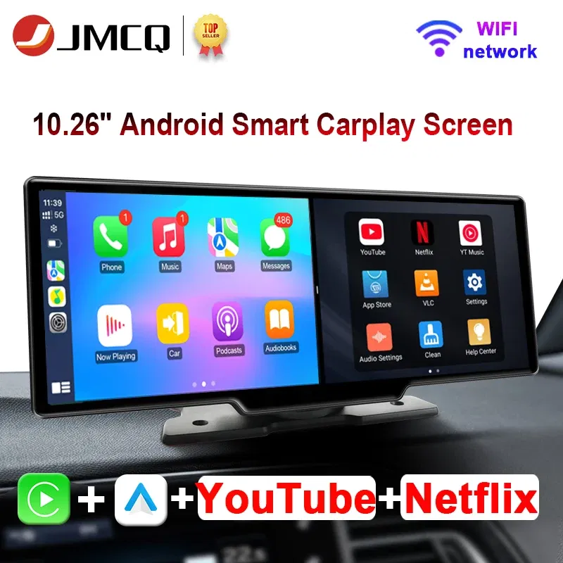 Color: Silver - JMCQ Universal 10.26" Android WIFI Car Multimedia Player Bluetooth Wireless Carplay auto Monitor Screen for YouTube for Netflix