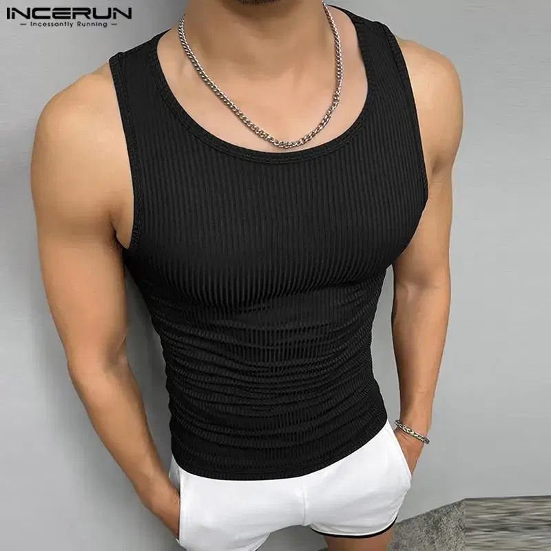 Color: black, Size: XXXL - INCERUN Men Tank Tops Solid Color O-neck Sleeveless Streetwear Summer Casual Vests Skinny 2023 Fashion Leisure Men Clothing 5XL
