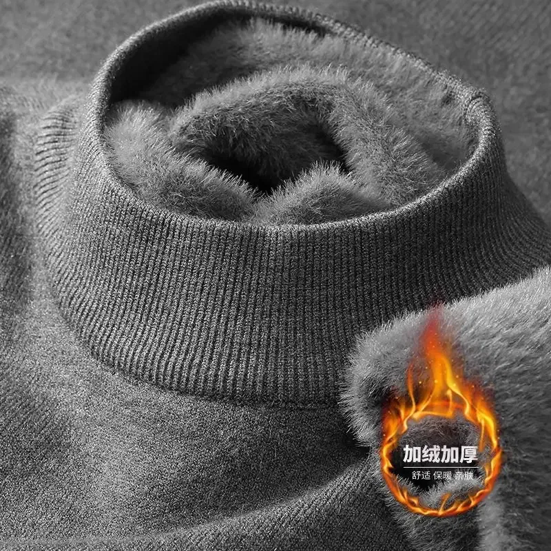 Color: Brown, Size: XXL - Plush Men's Knitted Sweater Turtleneck with Velvet Padded Warm Solid Pullovers Autumn Winter Thick Bottom Casual O-Neck Sweater