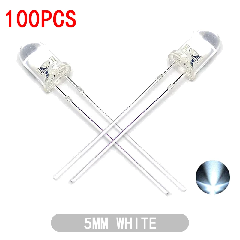 Color: Beige - 100pcs High quality Transparent Round 5mm Super Bright Water Clear Green Red White Yellow Blue Light LED Bulbs Emitting Diode