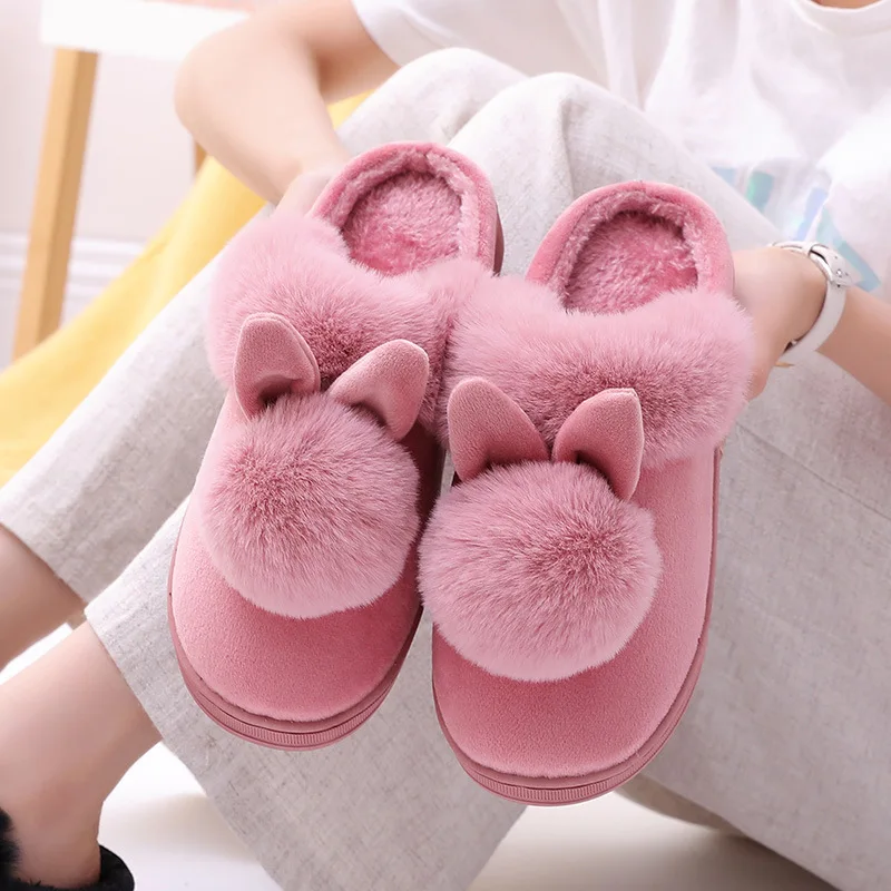 Color: GRAY, Shoe Size: 33 - Women Home Slippers Indoor Bedroom Light Couple Slipper Solid Soft Flip Flops Winter Warm Furry Plush Shoes