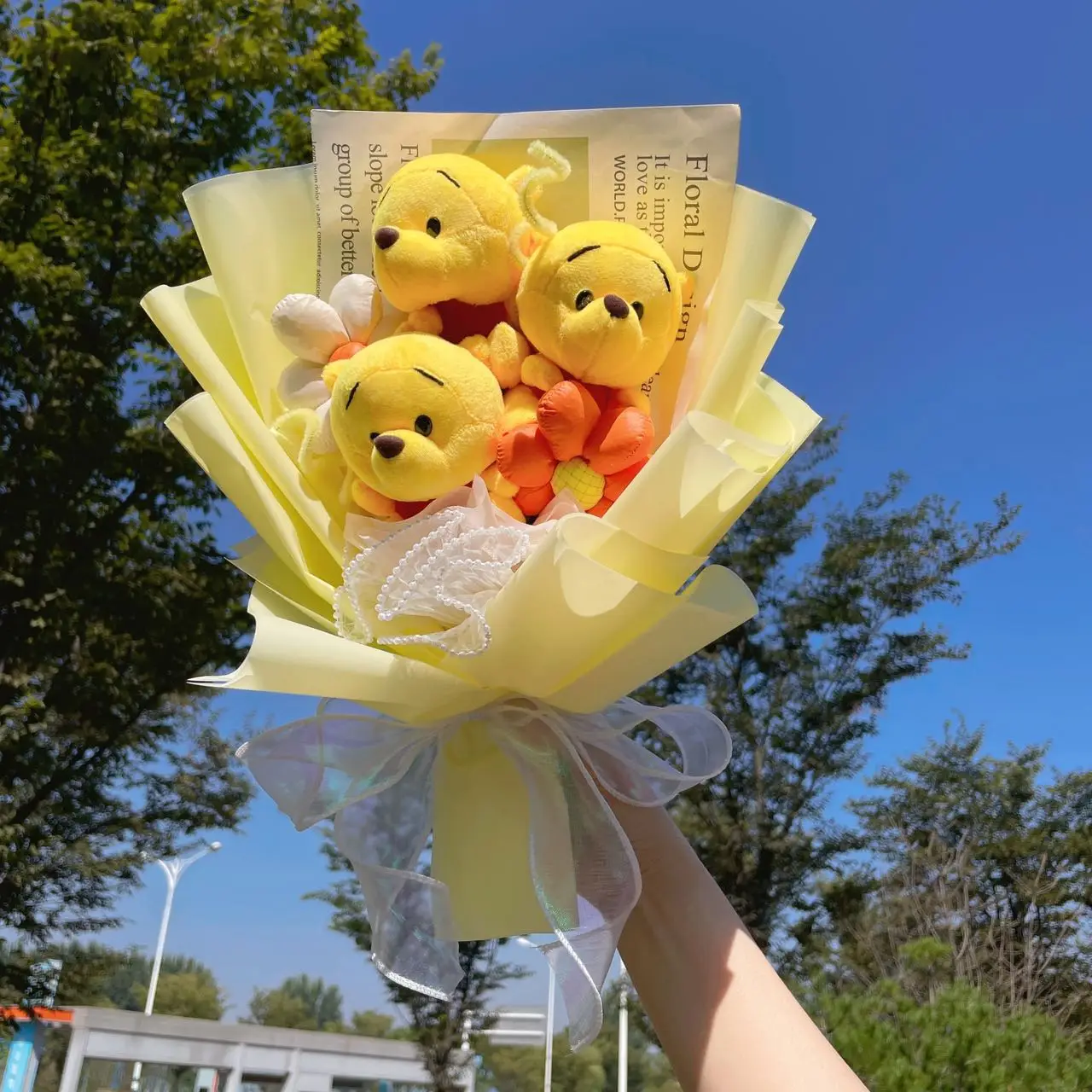 Color: Dark Khaki - Cartoon Winnie the Pooh Plush Doll Toy Handmade Flower Bouquet Wedding Valentine's Day Christmas Graduation Gifts