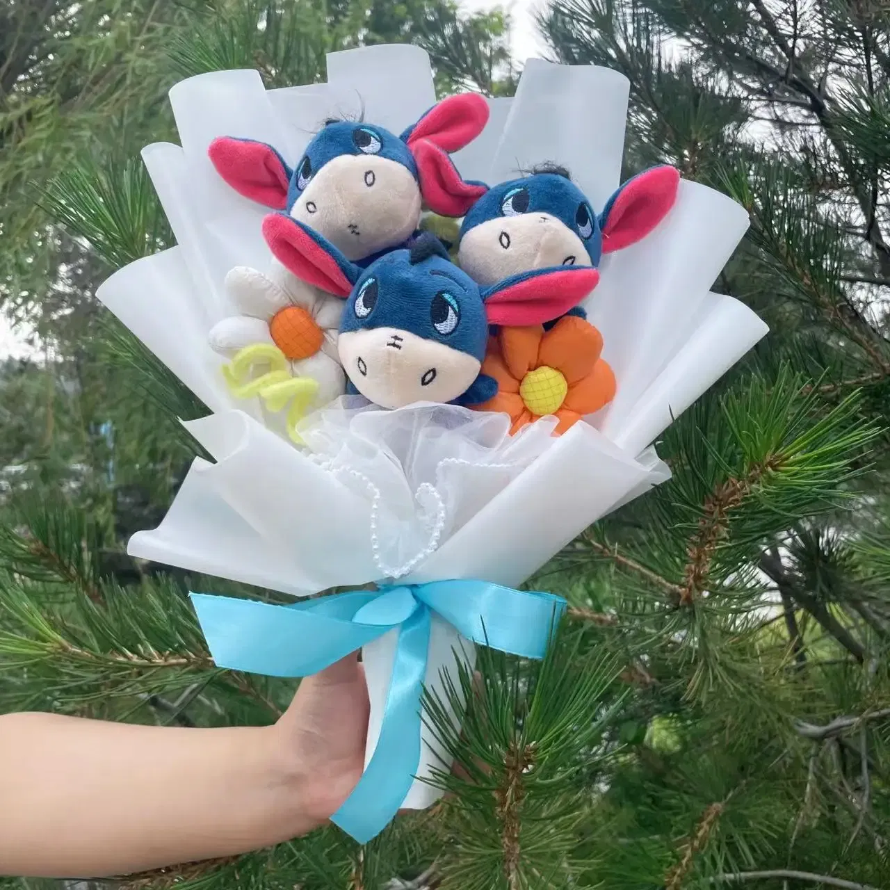 Color: Dark Khaki - Cartoon Winnie the Pooh Plush Doll Toy Handmade Flower Bouquet Wedding Valentine's Day Christmas Graduation Gifts