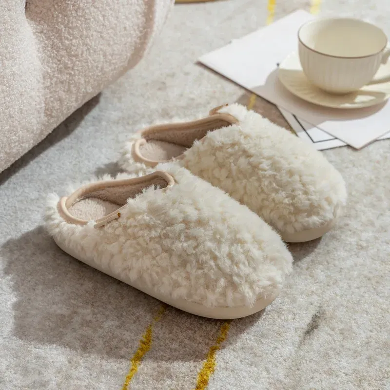 Color: Beige, Shoe Size: 40-41, Ships From: CHINA - Gacimy Women's Winter Fuzzy Slippers Indoor Warm Soft Sole Fluffy Home Slides Plush Women Flat Shoes Couple Fur Cotton Slippers