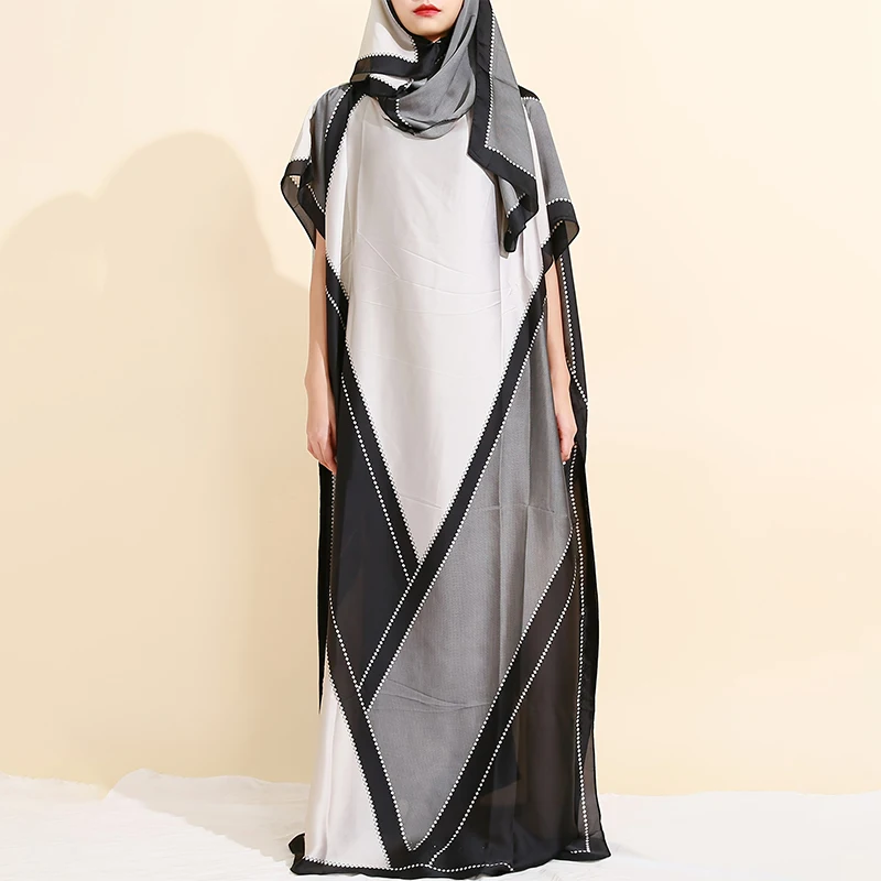 Color: Cream, Size: One Size - Elegant Muslim Long Dress Sequin Kaftan Robes Malaysia Dubai Arab Islam Abaya Islamic Clothing Caftan Elegant Splice Maxi Dress