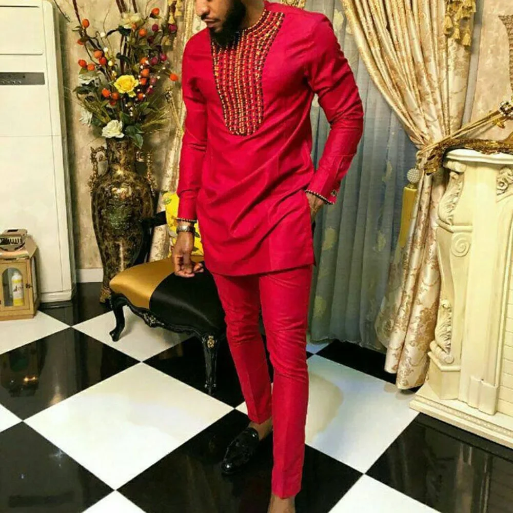 New Kaunda Boutique Men's Set Fashionable Red Luxury Grand Round Neck Embroidery Slim Fit Two Piece Wedding Festival Set