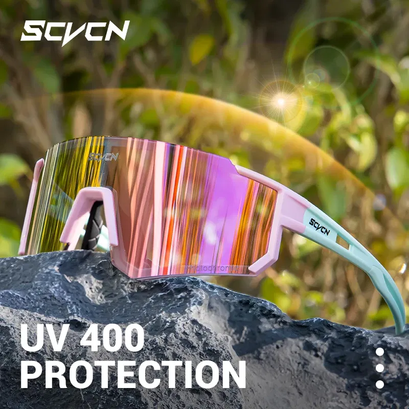 Color Name: WHITE - SCVCN Color Photochromic Cycling Glasses Outdoo Fashion Sports Sunglasses Men MTB Cycling Sunglasses Women Road Bike Glasses