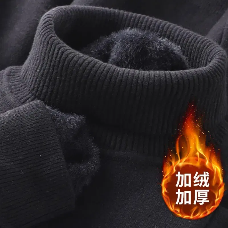 Color: Beige, Size: XXL - Autumn Winter Men's Turtleneck Sweater Knitted Velvet Warm Long Sleeve Pullover Outdoor Cold-proof Casual Blouse Base Sweater